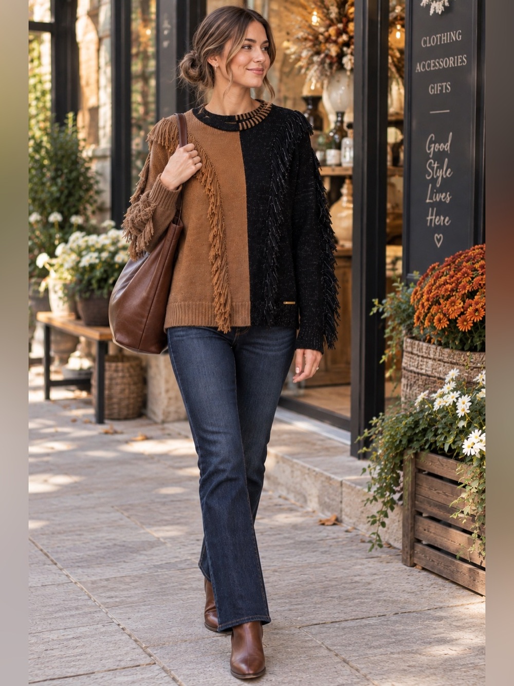 Valerie Garmino Taylor Baby Alpaca Fringe Sweater Brown Black M